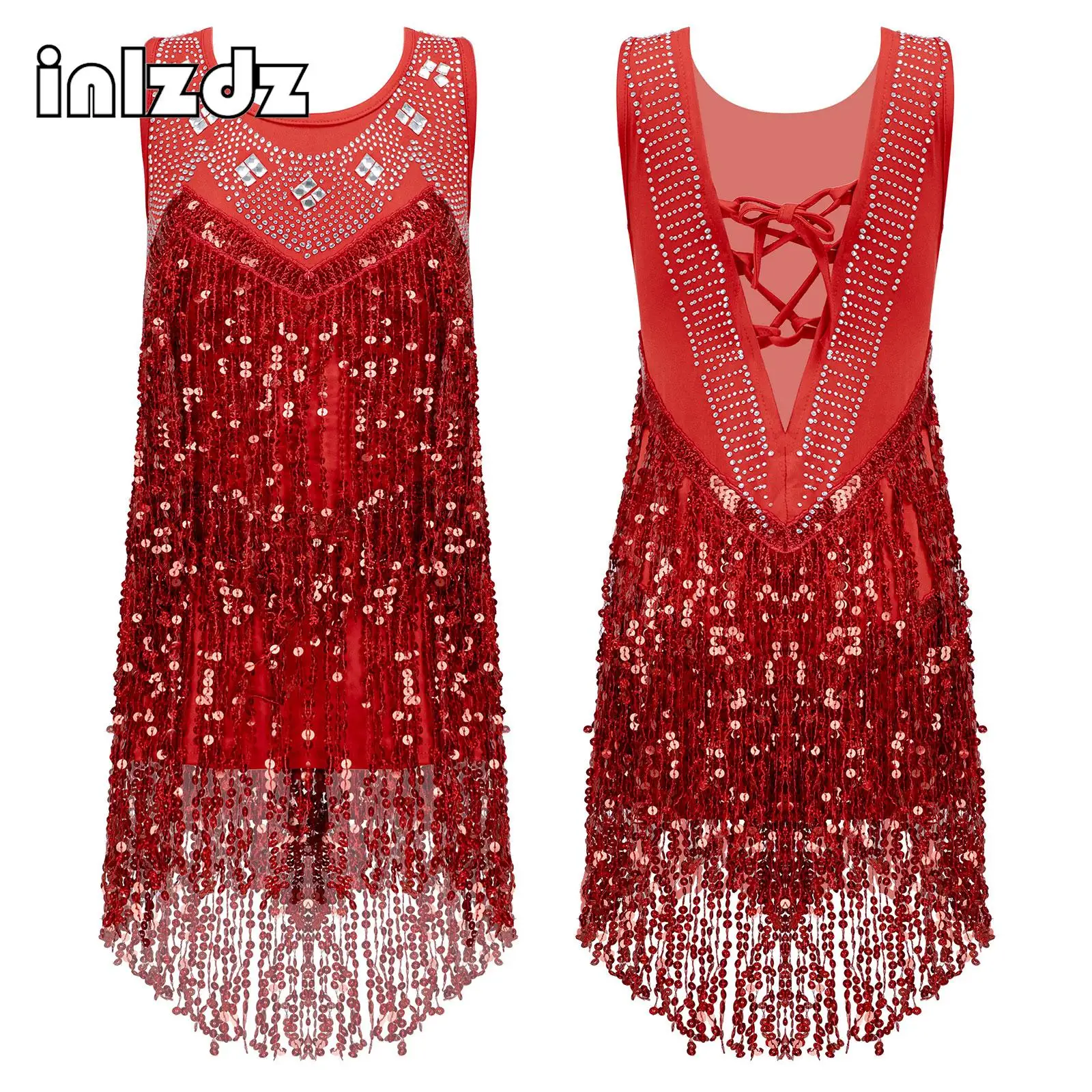 

Kids Girls Sleeveless Latin Dance Dress Shiny Rhinestone Sequin Tassel Ballroom Gymnastics Leotard Modern Jazz Ballet Dancewear