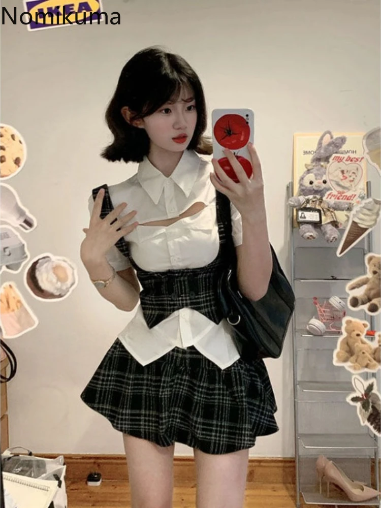 여성 의류 3 종 세트, 프레피 스타일 할로우 아웃 화이트 셔츠 튜닉 조끼, 하이웨이스트 플리츠 미니 스커트 의상, 여름 Y2k 세트