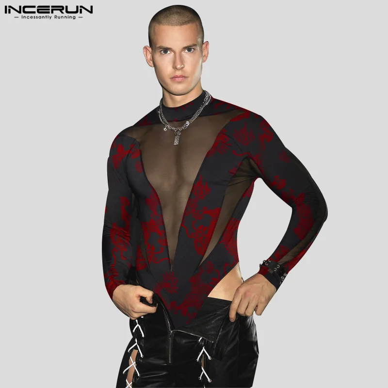 

INCERUN 2023 Sexy Style Men's Jumpsuits Fashion O-neck Patchwork Mesh Bodysuits Casual Homewear Male Long Sleeved Rompers S-3XL