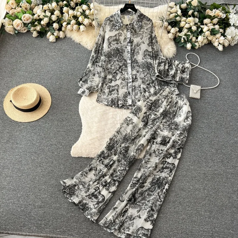 Ladies' Suit Spring Summer Loose Pleated Shirt Bustier Draped High-waisted Pants Printed Lapels Single-breasted Three-piece Suit