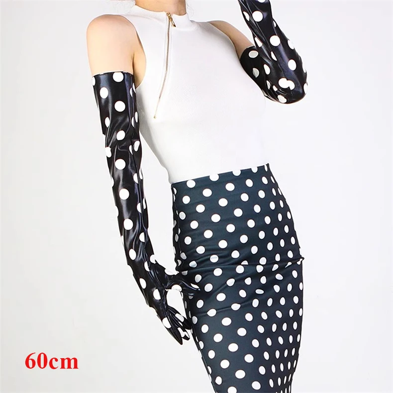 38cm Lack leder handschuhe weiblich große Ärmel lose geschwollene Manschetten schwarz weiße Punkte Kunstleder pu Frauen handschuhe cosplay hpu107 – Detail 9