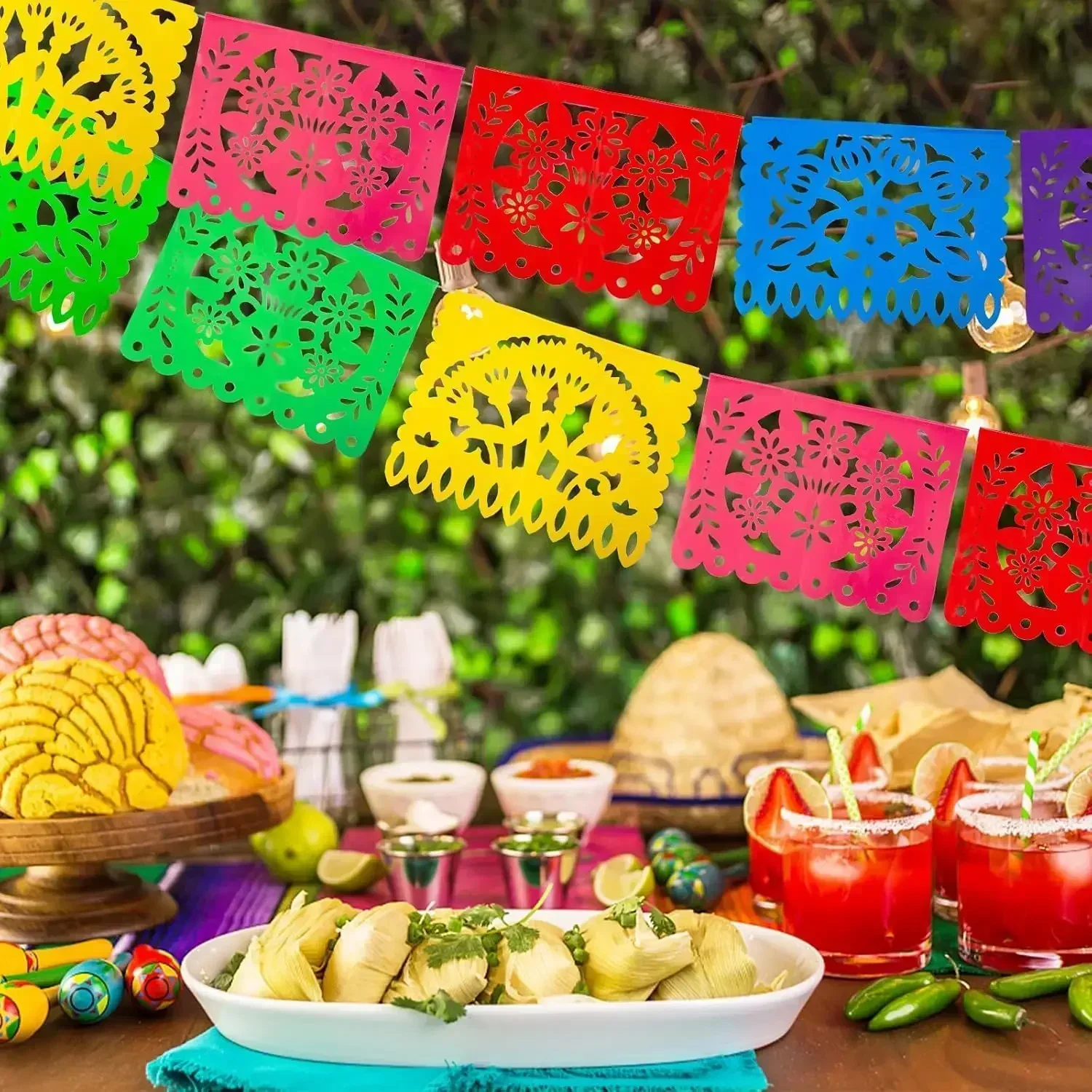 Mexican Party Banners Plastic Papel Picado Mexico Decor Easter Decor Day of The Dead Decoration 4 PCS 18 Feet Total