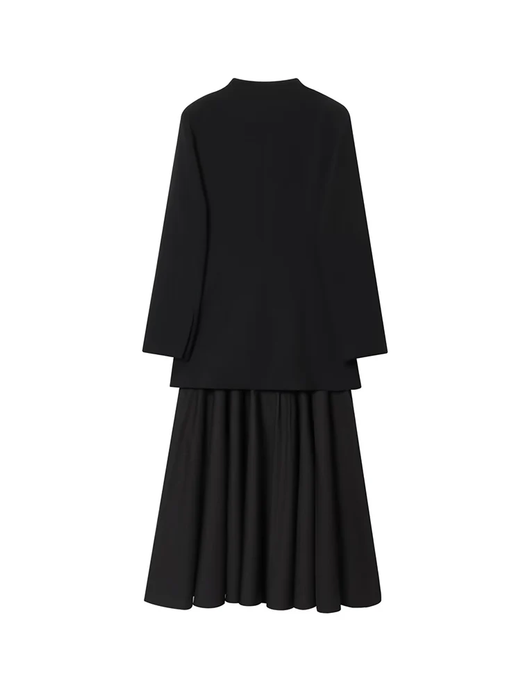 Elegant Women Spliced Blazer Dresses V Collar Long Sleeve Vintage Black Midi Dress Female Autumn New Slim Fit Commuting Clothes