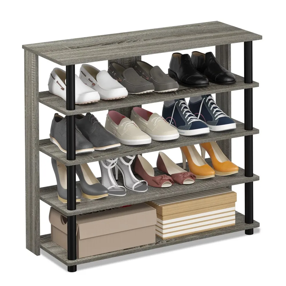 

Furinno 5-Tier Turn-N-Tube Wide Shoe Rack, Metal and Wood, Gray and Black Simple and Stylish Design with Full Functions