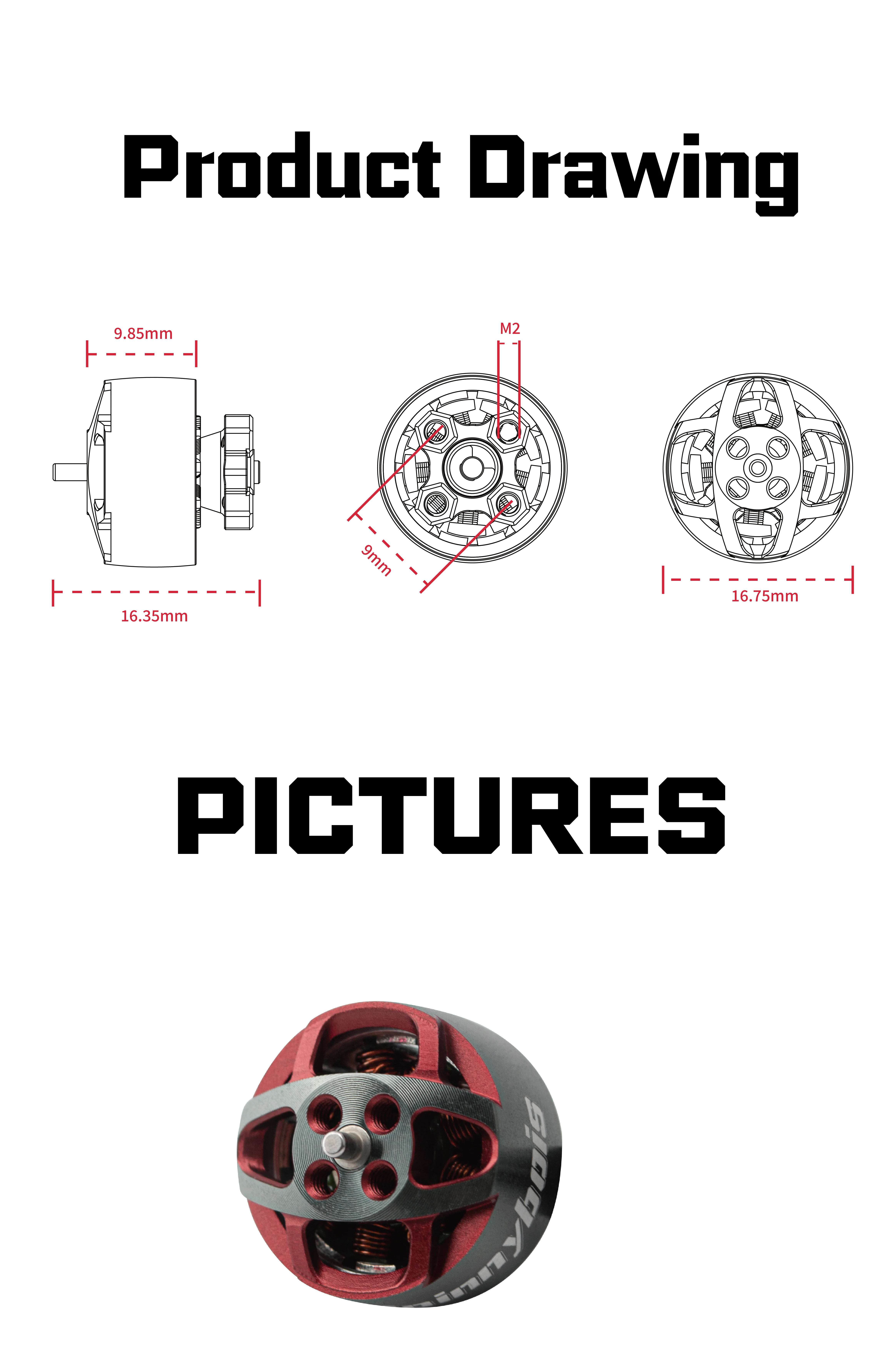 OddityRC 1205 FPV Motor drawing, picture, dimensions (9.85mm, 16.35mm, 9mm), and M2 specs, with detailed technical information.
