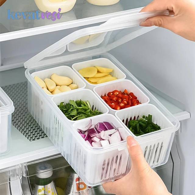 Boîte de rangement pour réfrigérateur, grille 4/6, boîte de rangement pour aliments, légumes et fruits, organisateur de réfrigérateur, panier de vidange pour viande, oignon, gingembre, bac à légumes transparent 1