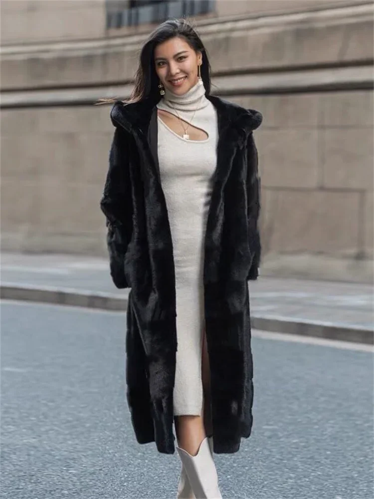 

Black Mink Fur Coat Women Long Hooded Warmth Clothing 2023 Winter New Fashion Slim Pockets Faux Fur Jackets Feminina with Lining