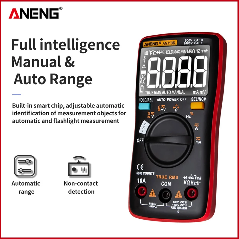 

ANENG AN113D Digital Electrical Multimeter 6000 Counts DC/AC Current Voltage Tester True RMS Auto Ranging LCD Meters