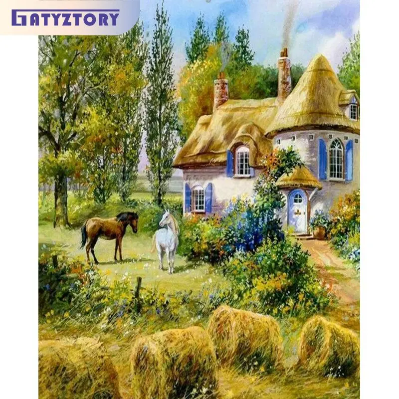 

GATYZTORY Oil Paint By Numbers For Adults Kids Horse Pasture Rural Landscape Home Decors Coloring On Numbers Handicrafts Gift