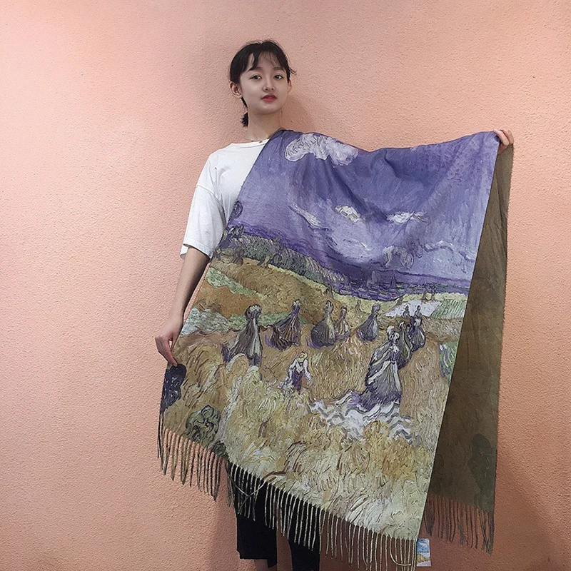 Van Gogh-Inspired Cashmere Wool Scarf - Coffee House Print Winter Wrap