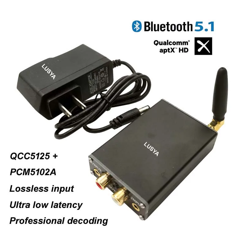 

Lusya Bluetooth QCC5125 APTX-HD DSP PCM5102A Hifi DAC 32bit 384kHz Lossless Adapter Receiver Module With Case RCA AUX Output