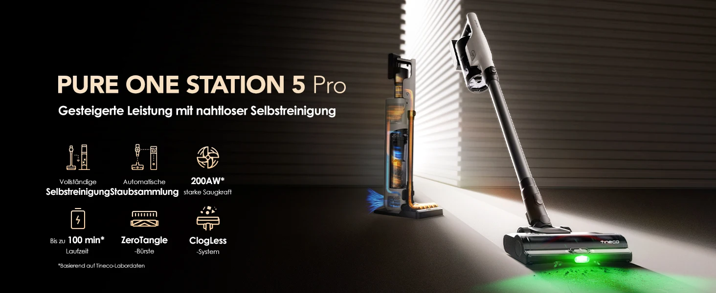 Tineco Pure ONE Station 5 PRO Kabelloser Akku Staubsauger, vollständiger Selbstreinigung, 200AW Saugkraft, ZeroTangle, EdgeSense – Detail 1