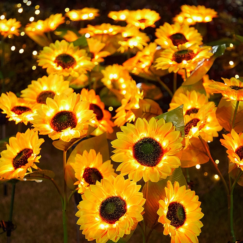 15inch 3Head Artificial Sunflowers Outdoor Garden Decoration Solar Powered Flower Pathway Light for Patio Yard Wedding Dececor