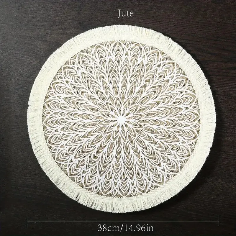 Elegant Jute Fabric Dining Mat with Modern Geometric Pattern and Tassel Edge