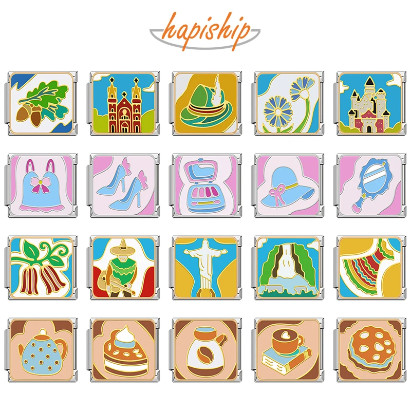 Hapiship Original Daisy Colors Hat Bag Animals Foods Italian Charm Links Fit 9mm Bracelet Stainless Steel Jewelry Making DJ357