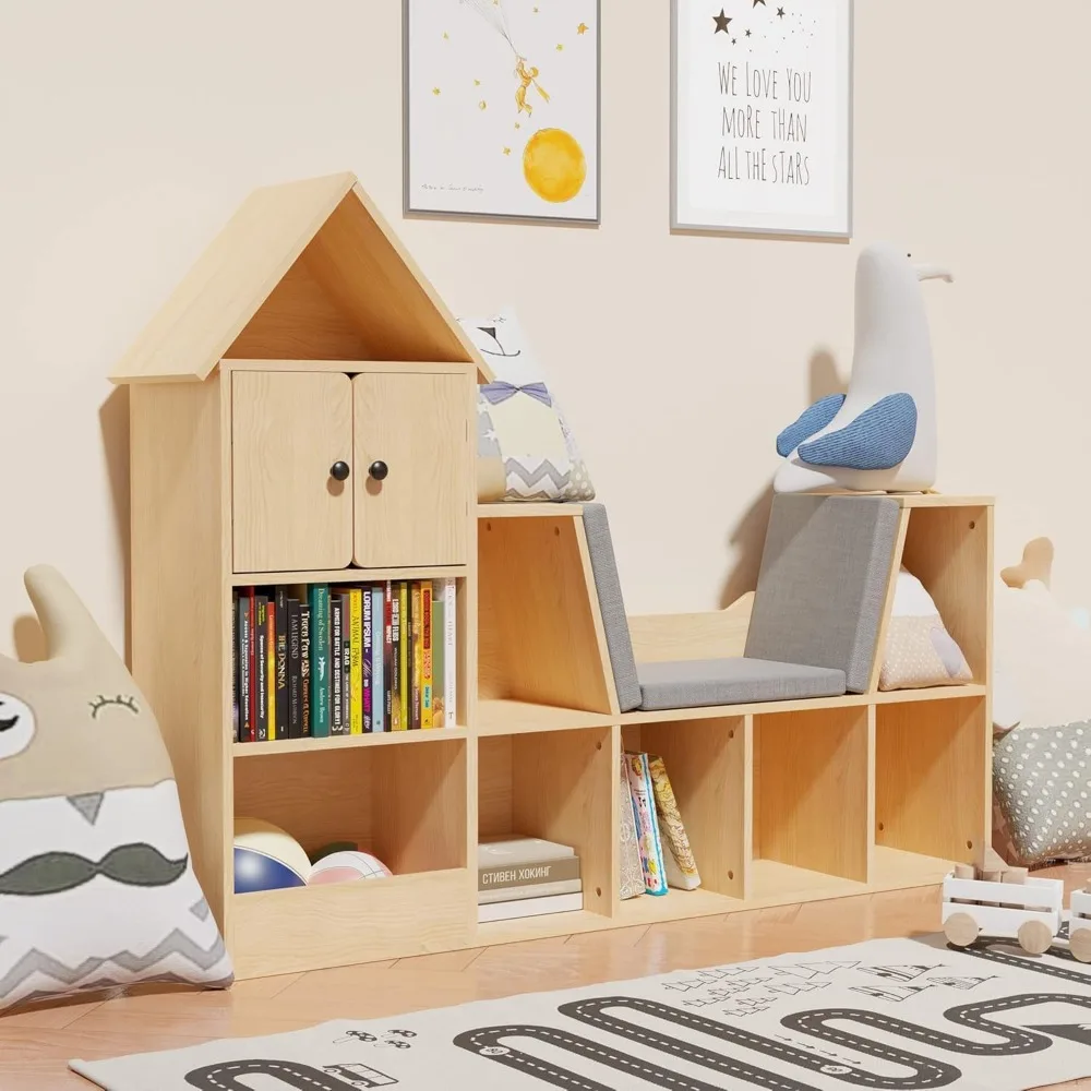 56.9" Wooden Kids Bookshelf with Reading Nook, Kids Bookcase with Detachable Cushions,Toy Storage Organizer with 9 Cubes 2