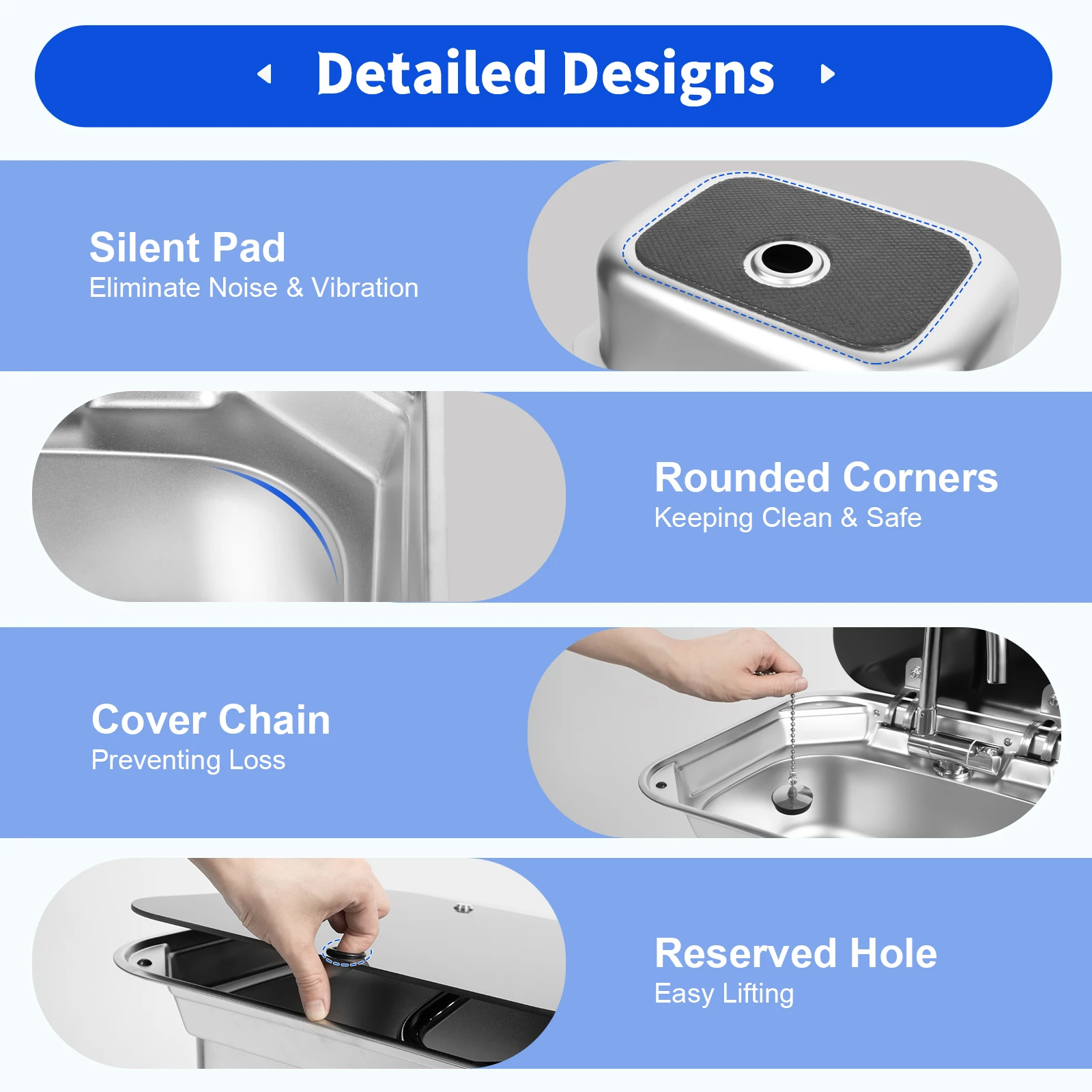 RV Sink Console Single Bowl 4In Stainless Steel Kitchen Hand Wash Basin Rotatable Faucet EVA Silent Pad for Caravan Camper