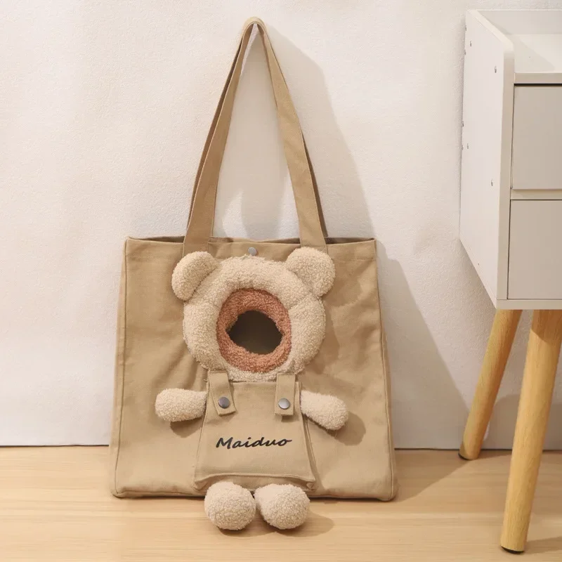 Pet Backpack Shoulder Bag Cute Teddy Bear Canvas Outdoor Cat Bag with Exposed Cat Portable Small Dog