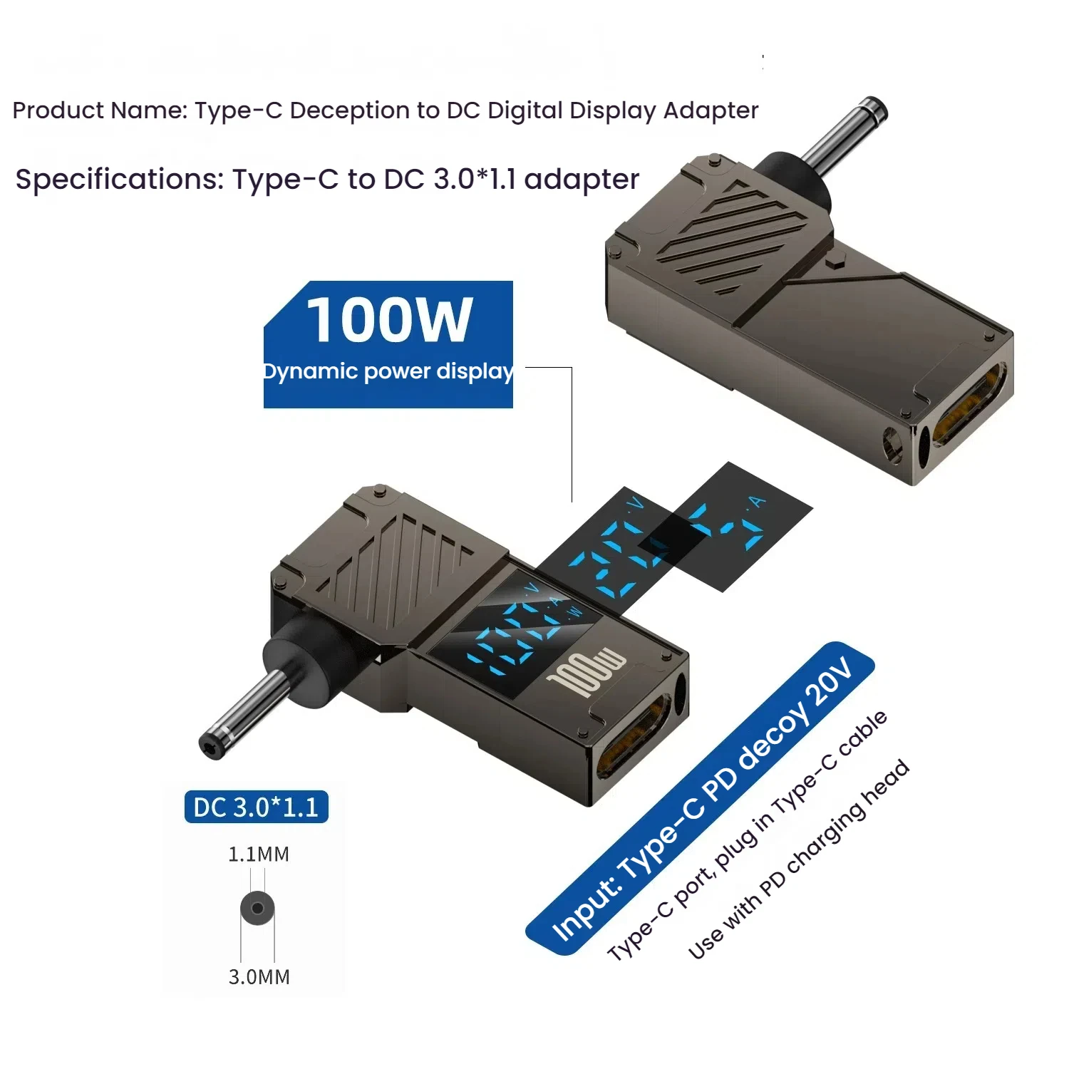 100W Laptop Power Charger Converter - Type-C to DC Male Adapter