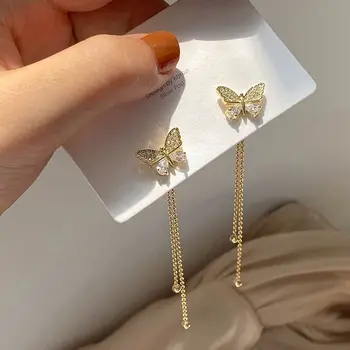 925 Silver Needle Korean Fashion Long Tassel Crystal Butterfly Earrings For Women Jewelry 2025 Trending New Women's Earrings