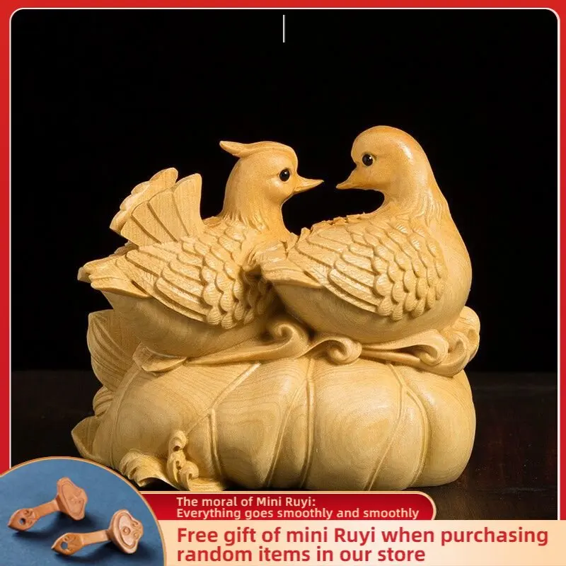 

Large Leaf Boxwood Carved【 Mandarin Duck-affectionate Couple】 Wedding Gift Home Decoration Bedroom Decorative Figurines