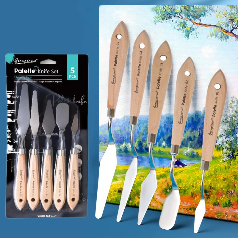 5 Pcs/Set Palette Knife for Gouache/Acrylic/Oil Painting Stainless Steel Scraper with Wooden Handle Drawing Tools Art Supplies