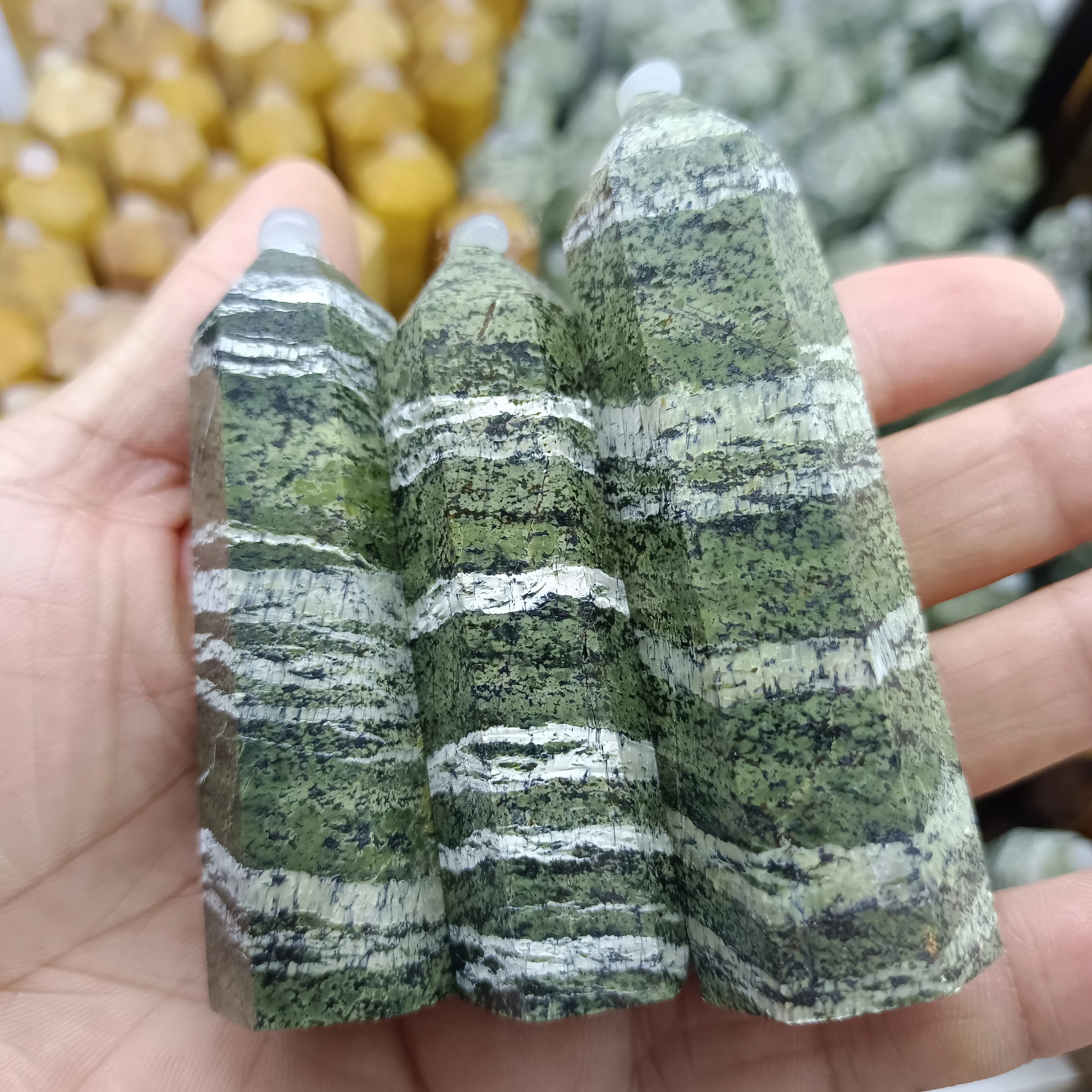 

Natural Green Zebra Stone Little Pillar Crystal Energy Ore Home Office Decoration Reiki Spiritual Healing Ornaments 70-90mm