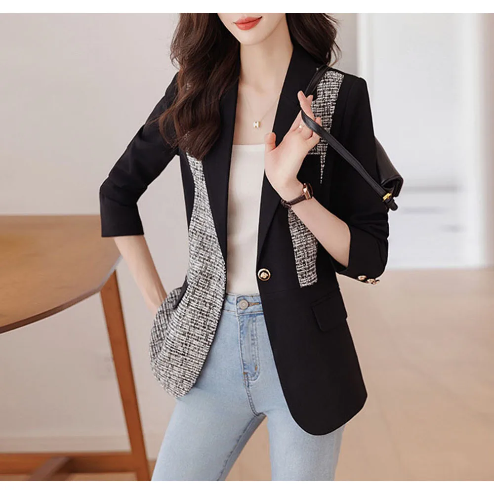 Tesco Black Women Blazer Suit Autumn New Design Casual Jacket Spliced Chin Coat For Office Lady Female Outerwear blazer mujer