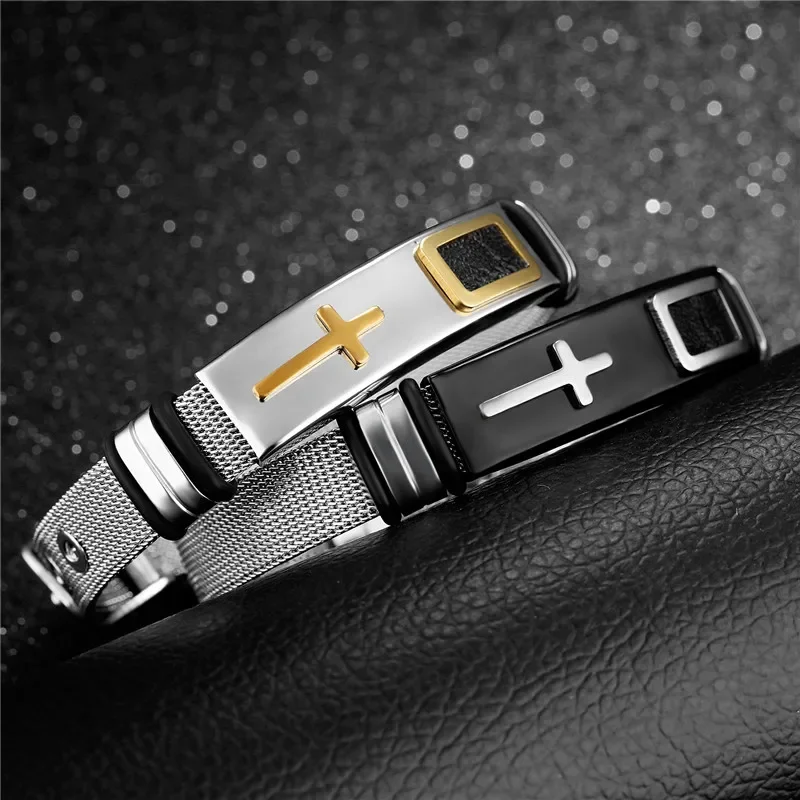 Bracelet Jewelry Length Adjustable Stainless Steel Strap Bracelets For Man Women Watch Band Style Punk Net Band Christian Cross Prayer Male