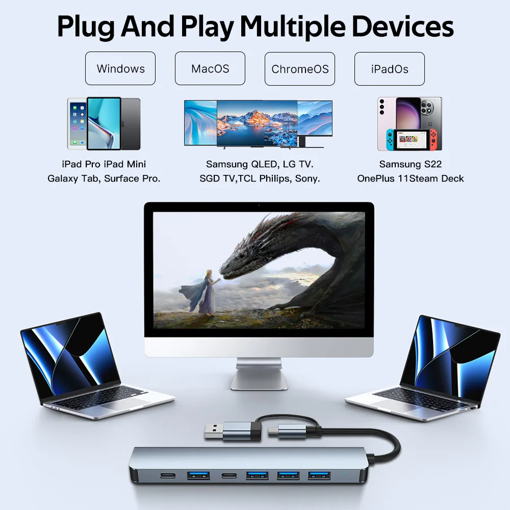 7 Ports 2-in-1 USB 3.0 HUB Type-c Adapter Splitter Dock Multiport USB 2.0 High Speed Transmission Expander For PC Computer
