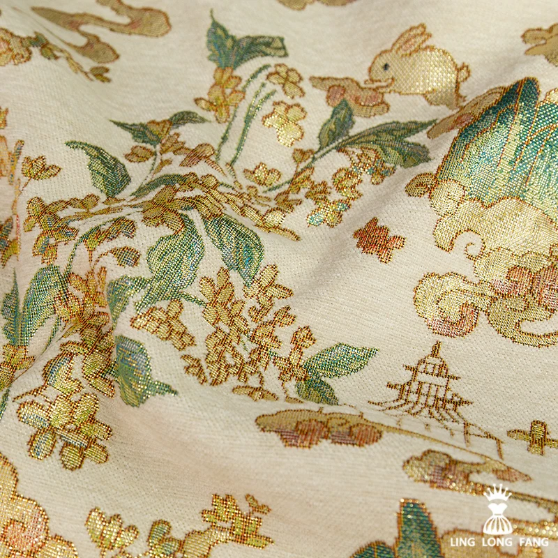 New Chinese Style Jade Rabbit Success Cloud Cloth Chenille Gold Jacquard New Year's Greetings Dress Horse Face Skirt Fabric