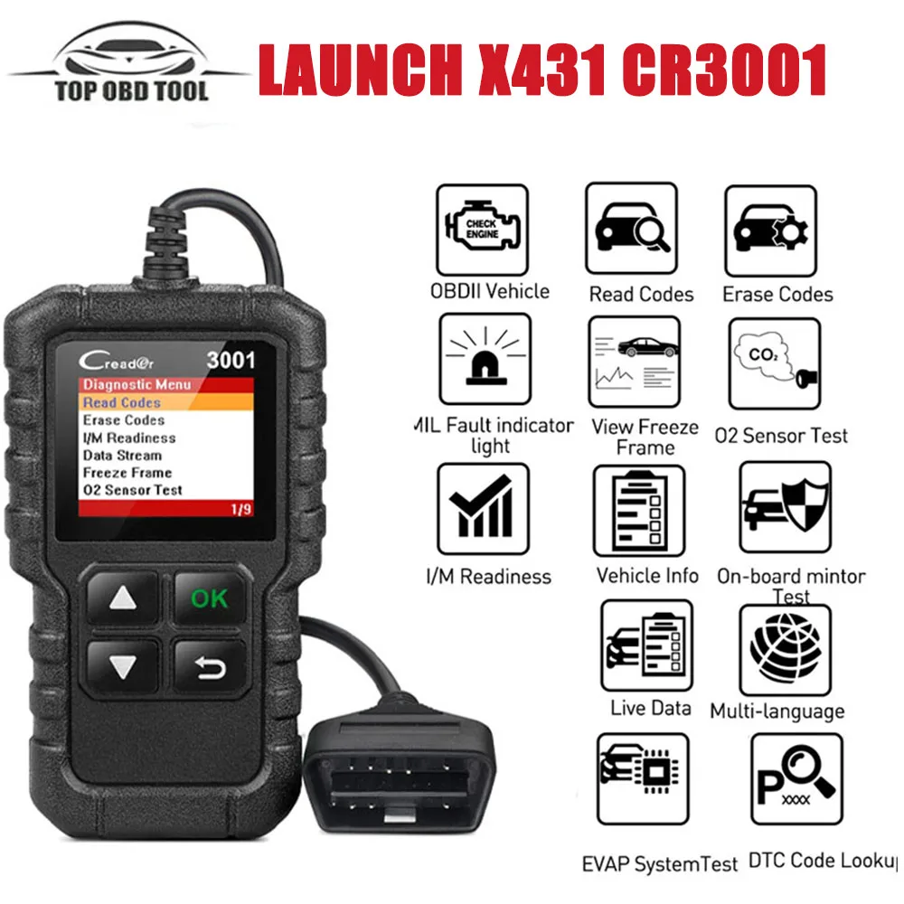 Диагностический сканер OBD2 LAUNCH X431 Creader CR3001, считыватель кодов OBDII для отказов двигателя, PK ELM327
