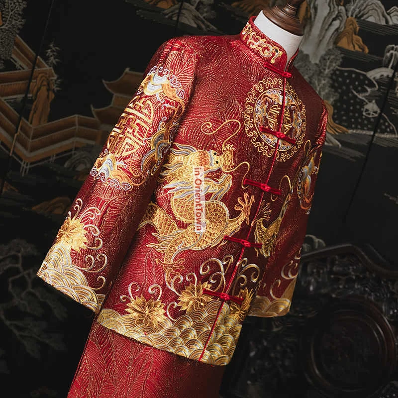 Oriental Groom Red Attires Men's Chinese Traditional Wedding Dress Men's Dragon and Phoenix Embroidery Jacket Tops + Skirt