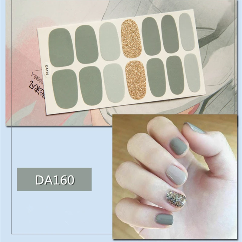 14tips/sheet Nail Wraps Polish Decals Strips Golden Glitter 3D Adhesive Full Nail Art Stickers Manicure Kits Drop Shipping