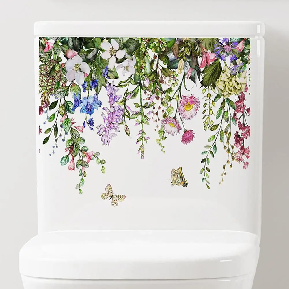 Toilet Stickers Green Plants Flower Leaves Butterfly Wall Sticker Bathroom Floral Self Adhesive PVC Mural Home Decoration Decals