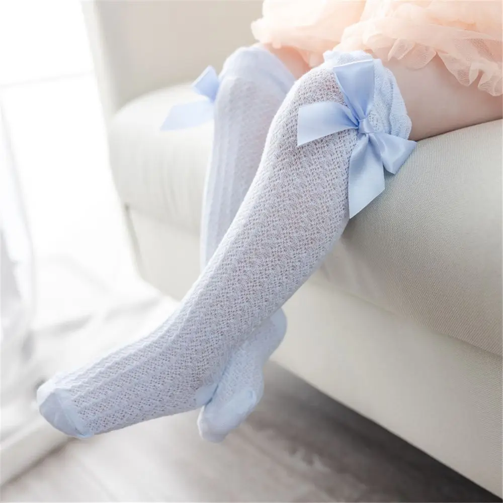 

High Quality Breathable Solid Color Bowknot Cotton Knee Stockings Long Stocking Royal Style Bow Knee High Fishnet Socks