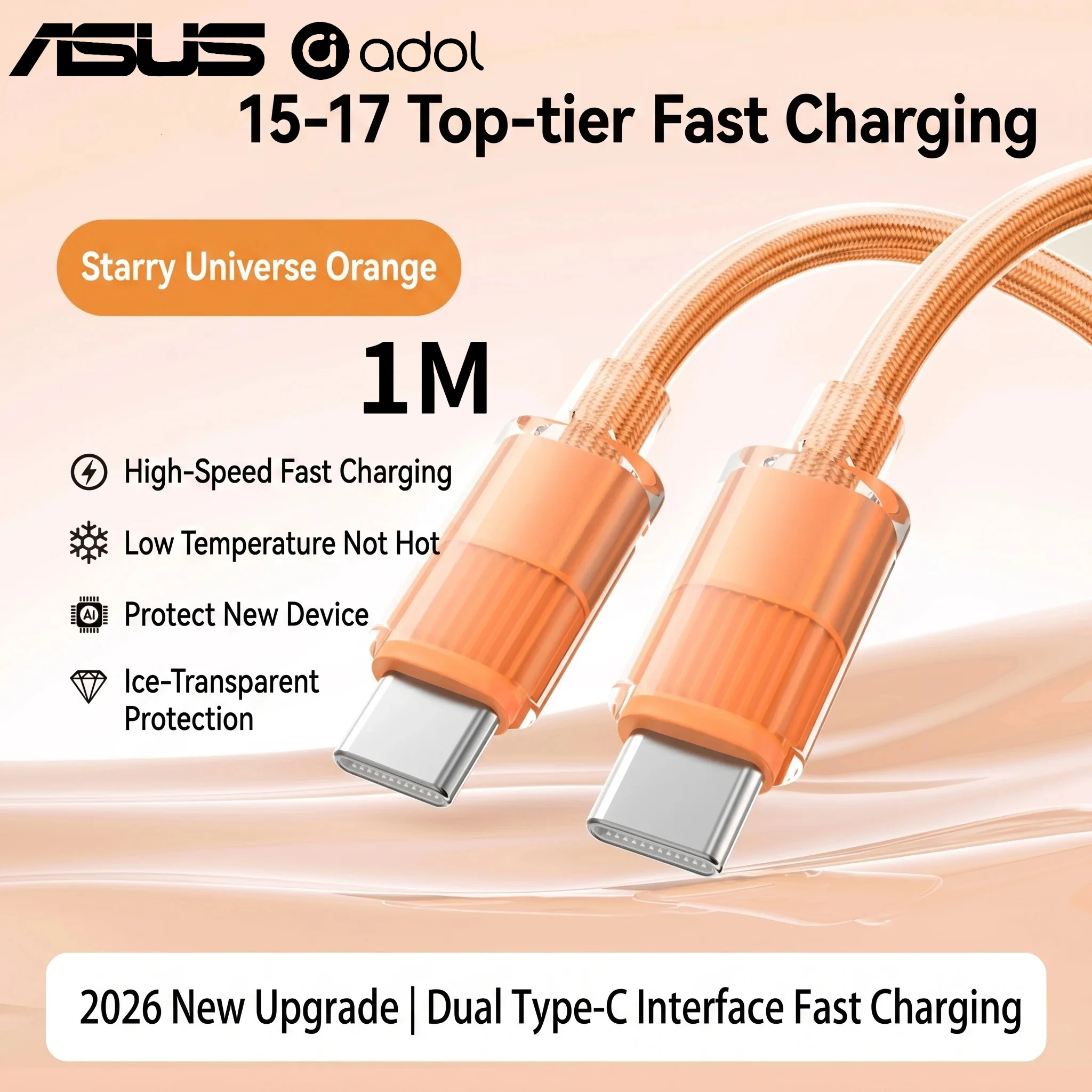 High-Speed Dual USB-C Charger Cable - 60W Fast Charging & Data Transfer - Orange