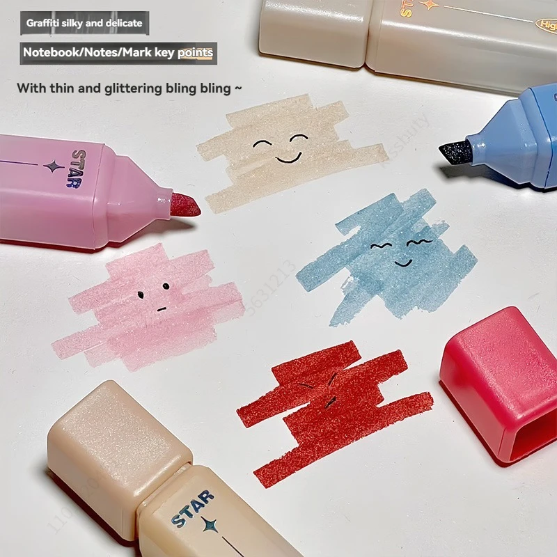 6팩 글리터 형광펜, 다양한 색상, 끌형 팁 미적 감각의 형광펜, 귀여운 마커