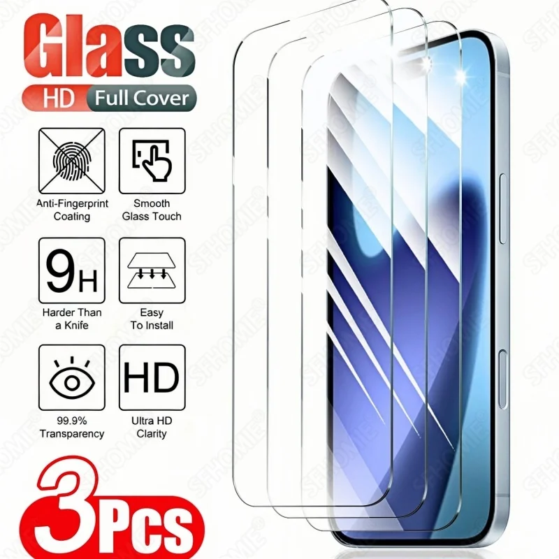 3 шт. HD захисне скло для екрану iPhone 11 12 13 14 15 16 17 Pro Max 14 15 16 Plus Air 16e 17e, захисна плівка для скла