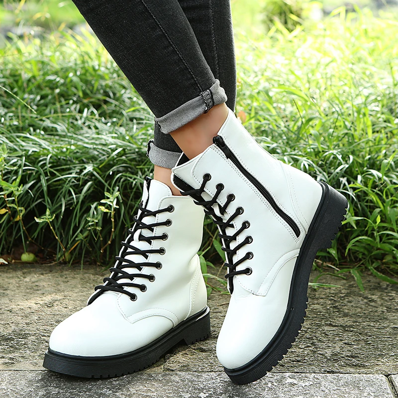 2024 Spring Women's Martin Boots Leather White Ankle Boots Fall Winter Biker Boots Fashion Women's Short Heel Platform Boots
