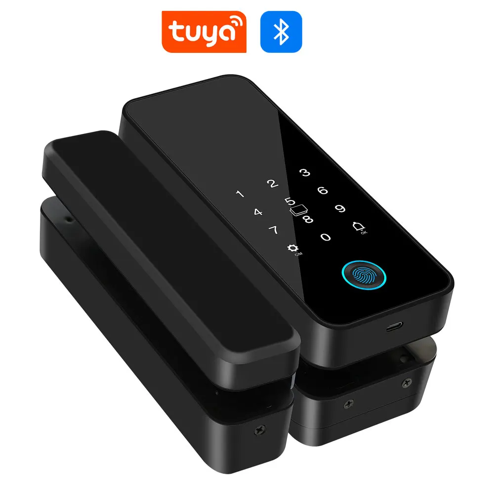 Tuya APP Glass Door Fingerprint Lock Bluetooth Smart Biometric Electronic Office Glass Door Lock 13.56Mhz RFID IC Keyless Unlock