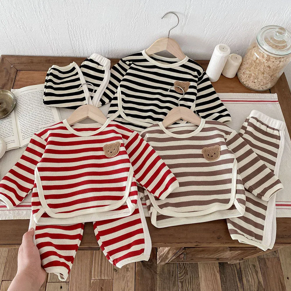Autumn Kids Waffle Striped Hoodies Casual Outfit