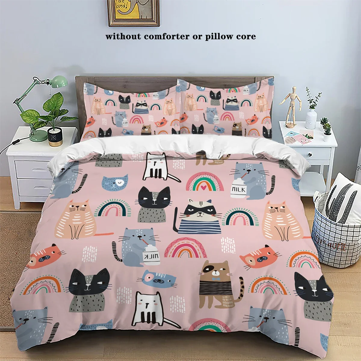 3-piece down duvet cover with cartoon cat pattern print (1 down duvet cover+2 pillowcases, no core) Soft bedding set