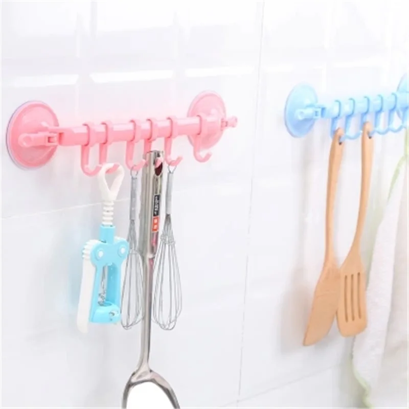 6 Hooks Plastic Suction Cup Kitchen Hanger Organizer Bath Towel Clothes Bathroom Hook Cooking Tool Vacuum Storage Rack Free Nail