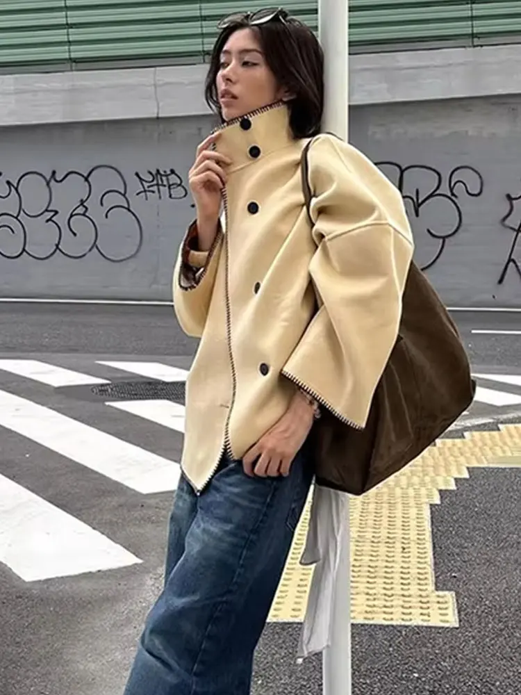 HH Autumn Women Fashion Contrast Coats Loose Casual Oversizes Jackets Turtleneck Long Sleeve Jacket High Street Lady Outwears