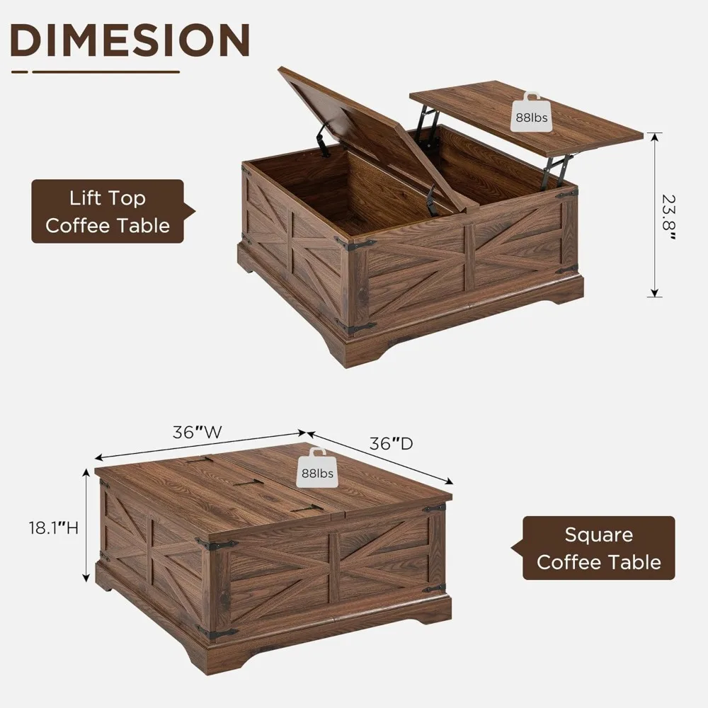Farmhouse Lift Top Coffee Table with Storage, Wood Square Center Table with Large Hidden Compartment, Rustic Lift Tabletop 2