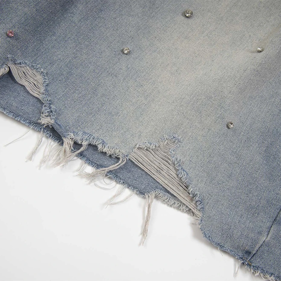 Men Rhinestone Denim Shorts Streetwear Harajuku Vintage Ripped Jeans Shorts Casual Loose