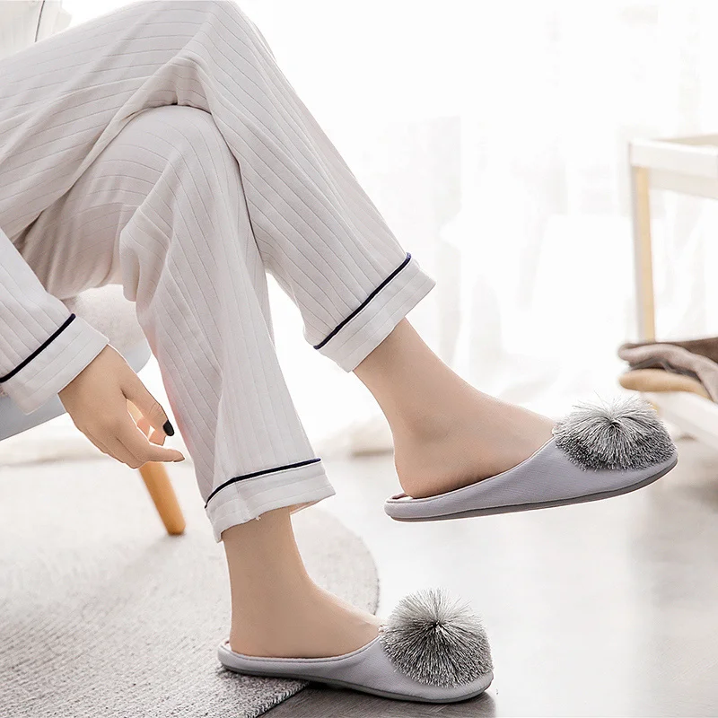 Women Satin Home Slippers With Plush Ball Cat Non-Slip Soft Warm House Indoor Bedroom Girl Memory Foam Floor Shoes — view 4