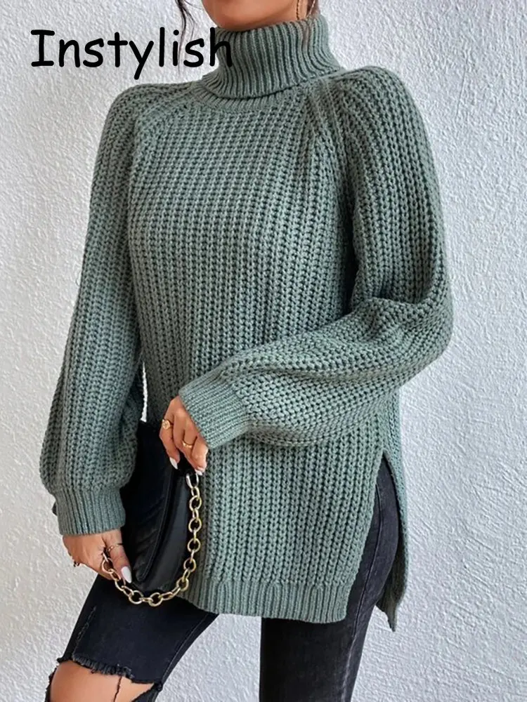 Women Winter Turtleneck Loose Sweater Elegant Drop Sleeve Side Split Pullover Vintage Harajuku Chic Jumpers Oversized knit Tops 3