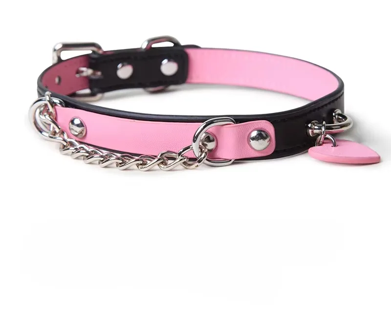 Bdsm Collar With Chain Genuine Leather Choker For Couples_voghion.com